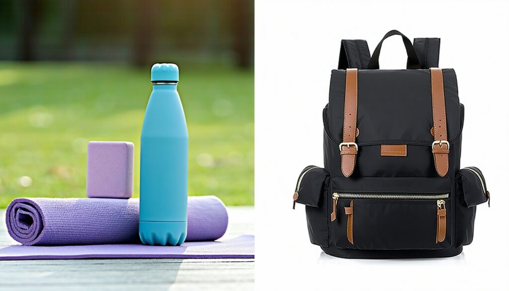 how to carry blocks towel water bottle in a yoga backpack || Backpackbin.com